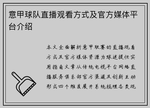 意甲球队直播观看方式及官方媒体平台介绍
