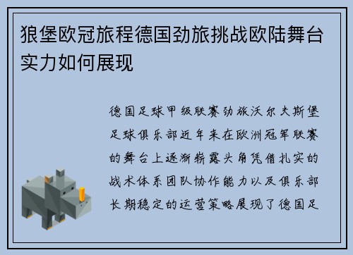 狼堡欧冠旅程德国劲旅挑战欧陆舞台实力如何展现